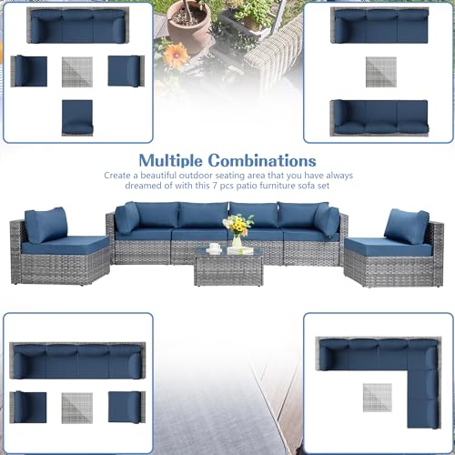 Shintenchi 7 Pieces Outdoor Patio Sectional Sofa Couch, Silver Gray PE Wicker Furniture Conversation Sets with Washable Cushions & Glass Coffee Table for Garden, Poolside, Backyard (Aegean Bl - WoodArtSupply