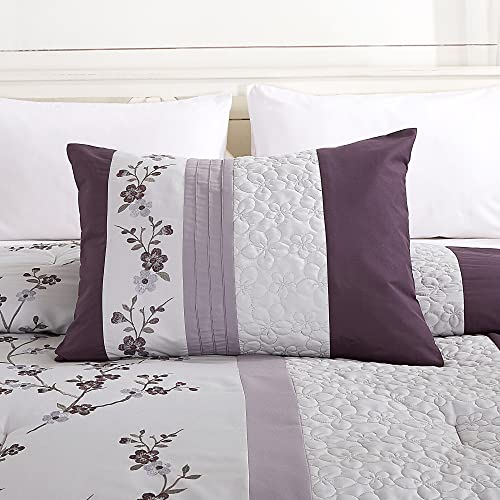 Chezmoi Collection Linnea 7-Piece Luxury Purple Lavender Gray Cherry Blossom Floral Embroidery Comforter Set, Queen Chezmoi Collection