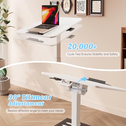 JYLH JOYSEEKER Foldable Mobile Standing Desk, 90 Tiltable Rolling Standing Desk, Height Adjustable Portable Laptop Workstation for Home Office, Easy to Fold, White JYLH JOYSEEKER