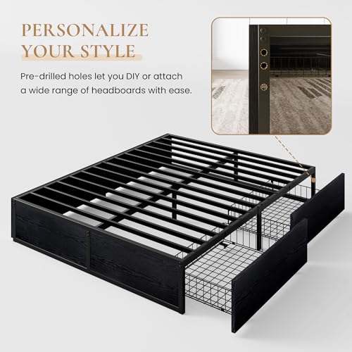 SHA CERLIN Queen Platform Bed Frame with 2 Large Storage Drawers - Heavy Duty Metal & Rustic Wood, Noise-Free, No Box Spring Needed, Black SHA CERLIN