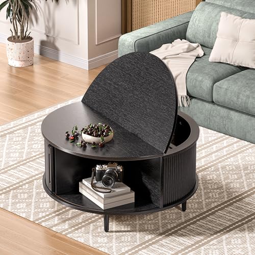 Round Coffee Table, 31.5" Fluted Center Table with Storage, Lift-Top Coffee Table with Adjustable Footpads, Sliding Door, Mid-Century Modern Center Table for Living Room, Small Space (Black) BEROXII