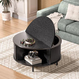 Round Coffee Table, 31.5" Fluted Center Table with Storage, Lift-Top Coffee Table with Adjustable Footpads, Sliding Door, Mid-Century Modern Center Table for Living Room, Small Space (Black) BEROXII