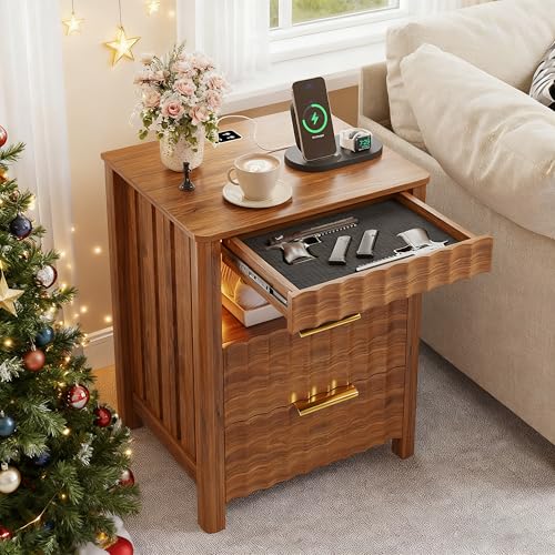 Dystler Fluted Night Stand with Gun Drawer, Wood Nightstand with Charging Station and Human Sensor, Modern Bedside Table with LED Light and Storage Shelf for Bedroom, Natural Dystler