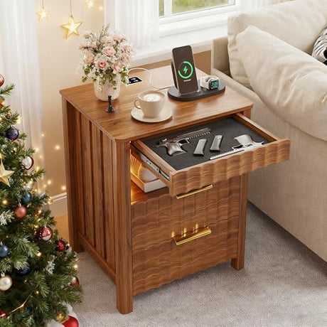 Dystler Fluted Night Stand with Gun Drawer, Wood Nightstand with Charging Station and Human Sensor, Modern Bedside Table with LED Light and Storage Shelf for Bedroom, Natural Dystler