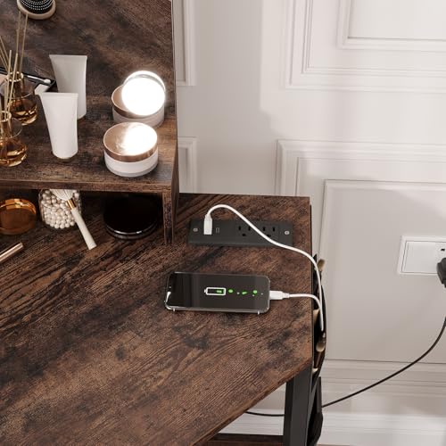 IDEALHOUSE Vanity Desk with Mirror and Lights, 3-Fold Vanity Mirror with Lights Makeup Vanity with Charging Station, Corner Vanity with Acrylic Door Cabinet, Hanging Storage Bag & Stool, Tigerwood IDEALHOUSE