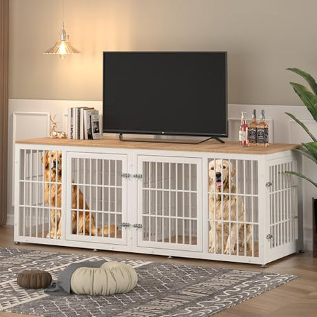 rehomerance 78 Inch Double Dog Crate Furniture, Heavy Duty Extra Large Cage Furniture with Divider for 2 Dogs, Decorative Wooden Kennel Indoor, Pet House for Large and Medium Dogs, White rehomerance