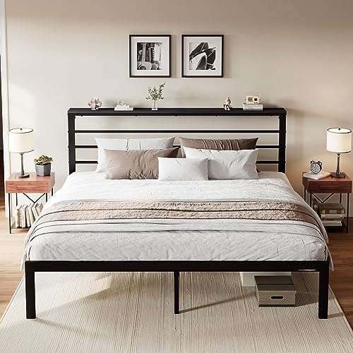 SHA CERLIN King Size Bed Frame with Headboard Shelf and Strong Metal Foundation, No Box Spring Needed, Black SHA CERLIN