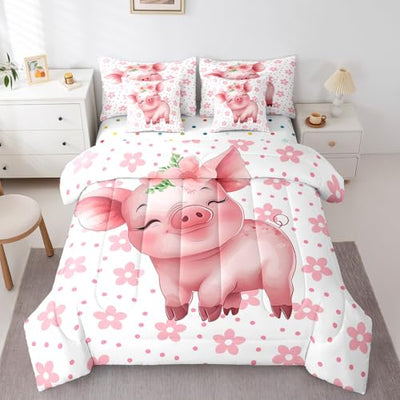 Erosebridal Cartoon Pig Bedding Comforter Sets 7 Pieces Pink Flower Floral Bed in a Bag, Cute Piggy Twin Bedding Sets Kawaii Farm Animal Comforter Set, Chic Blossoms Bedding Sets & Collections
