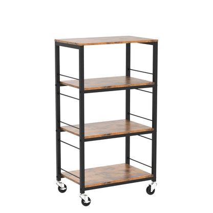 CADUKE Rolling Kitchen Cart Industrial Serving Cart 4 Tier Wood Utility Island on Wheels Rolling Bar Cart with Storage Farmhouse Microwave Table Serving Trolley Stand for Bathroom Living Room, Brown