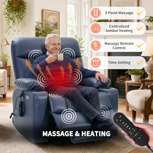 EONIX Power Lift Recliner Chair for Elderly with Heat and Massage, 400lbs Heavy Duty Electric Recliner Chairs for Adults with Cup Holders and USB Charging Ports, SLRY019020, Navy Blue