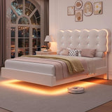 HIFIT Upholstered Full Size LED Bed Frame with Charging Station and Adjustable Crystal Button-Tufted Puffs Headboard, Velvet Princess Floating Platform Bed Frames for Girls, No Box Spring Needed,Beige HIFIT