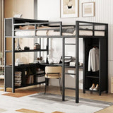 Bellemave Metal Loft Bed with Wardrobe and L-Shaped Desk, Full Size Loft Bed with Storage Cubes and Shelves, Heavy Duty Loft Bed for Kids Teens Adults, Black Bellemave