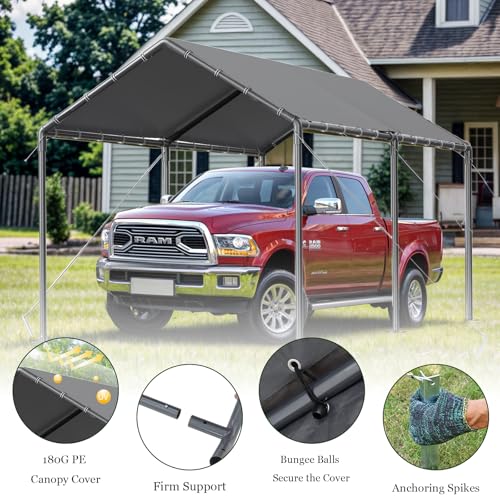 Carport, 10x20ft Heavy Duty Portable Garage, Car Port with Storage Shed, Car Canopy Car Tent with Steel Frame All-Season Tarp for Car, Truck, Boat, Party, Grey TANGJEAMER