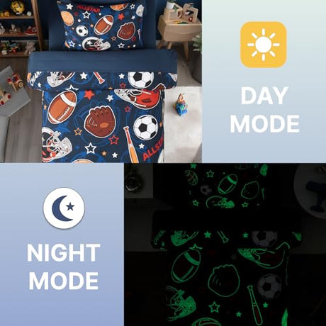 Wink Deer Twin Comforter Set for Boys-5 Pieces Sports Ball Games Glow in the Dark Twin Bedding Sets for Kids, Ultra Soft Bed in A Bag with Sheets Wink Deer