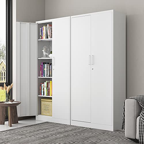 PEUKC Metal Garage Storage Cabinet, 71-inch Tall Storage Cabinet with Adjustable Shelves & Locking Doors, Tool Cabinets for Garage,Office,Home,School,Gym Storage (White) PEUKC