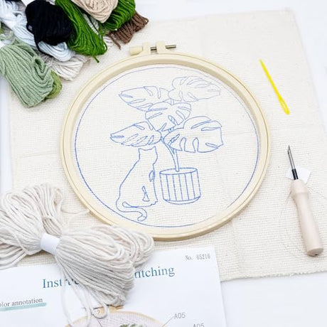 Allazone 3 Set Embroidery Starter Kits for Beginner, Cat Punch Needle Kit with Instruction, Plastic Hoop, Yarns and Embroidery Handle Needle Pen Allazone