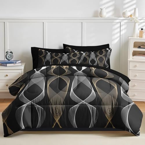 Nesker 7 Pcs Comforter Set Queen Size, Striped Minimalist Bedding Set for Kids and Adults, White Golden Wave Bed Sheet Sets with Fitted Sheet 2 Pillowcases & 2 Shams Nesker