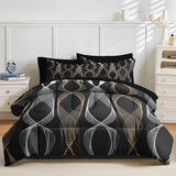 Nesker 7 Pcs Comforter Set Queen Size, Striped Minimalist Bedding Set for Kids and Adults, White Golden Wave Bed Sheet Sets with Fitted Sheet 2 Pillowcases & 2 Shams Nesker