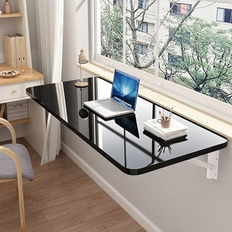SKVSKV Wall Mounted Folding Table,Floating Desk for Wall,Hanging Fold Down Table for Home Laundry Room,Office Computer Workstation,Study Work Bench, Kitchen Dining (Black 27.6×15.7inch SKVSKV