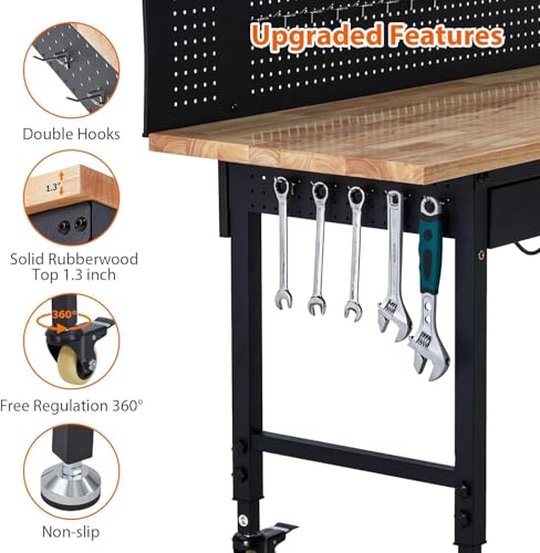 60-Inch Garage Workbench with Wheels, Adjustable Rubber Wood Top Garage Workbench with Pegboard & Drawer & Power Outlet, 2000 lbs Load Capacity, for Workshop, Woodworking, Office WARMTOBABY