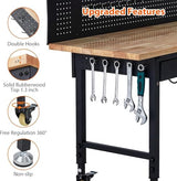 60-Inch Garage Workbench with Wheels, Adjustable Rubber Wood Top Garage Workbench with Pegboard & Drawer & Power Outlet, 2000 lbs Load Capacity, for Workshop, Woodworking, Office WARMTOBABY