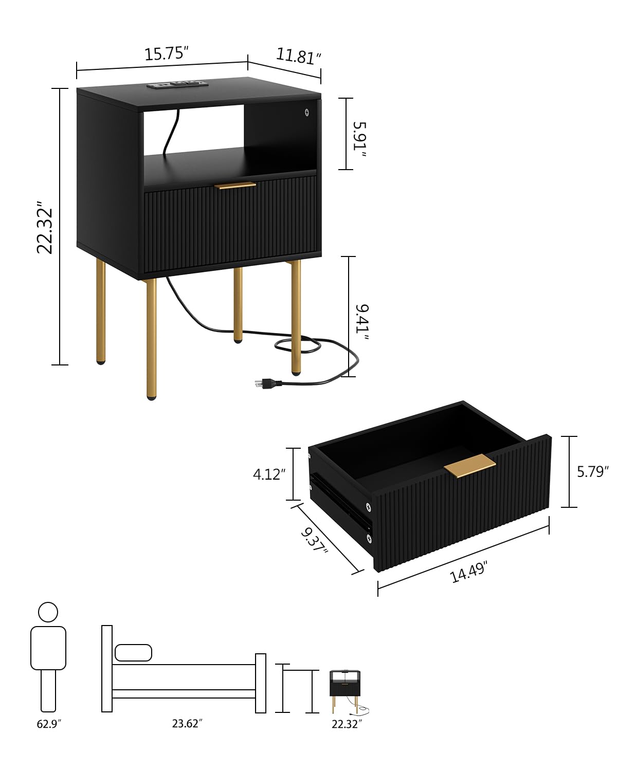 Aienvey Nightstand with Charging Station, Small Side Table, Modern Night Stand with Drawers, Bedside Table for Bedroom, Living Room End Table, Black Stripe Aienvey