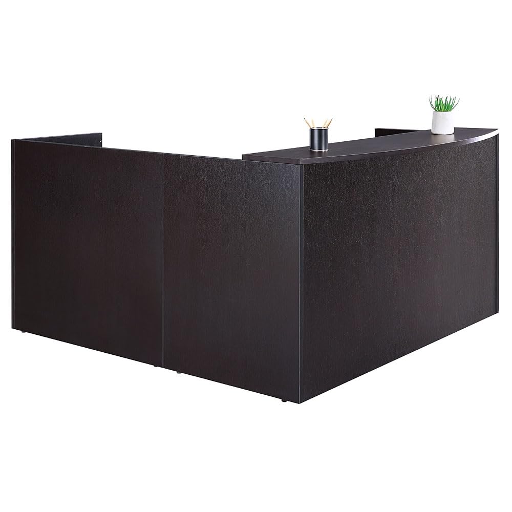 NBF L-Shaped Modern Reception Desk with Counter - 71" W x 30" D Retail Checkout Counter - Reversible Front Desk Reception Counter - Countertop Welcome Desk for Office Lobby Salon Store, Brown nbf signature series