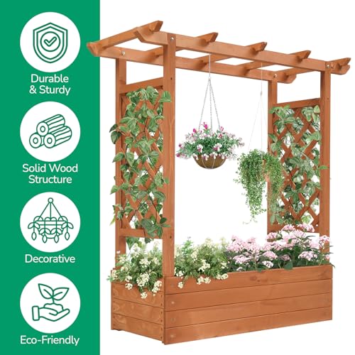 Outvita Raised Garden Bed with Trellis, Wood Planter Box with Hanging Roof, Side Trellis and Drainage Holes, Above Ground Elevated Garden Bed for Outdoor Climbing Plants Vegetables Flowers Herbs Outvita