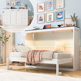 Merax Twin Size Murphy Bed with LED Light, Foldable Bed Frame with Storage Shelf, Murphy Cabinet with Foldable Panel, Wood Hidden Wall Bed Cabinet, for Bedroom, Small Room, Office,White Merax