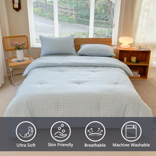 NSNLGSGC Twin Comforter Set, Light Blue Gingham Bedding Sets, Blue Grid Bed Comforter 2 Pieces (1 Comforter, 1 Pillowcase) NSNLGSGC