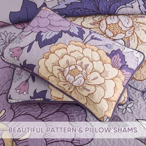 DJY Floral Quilt Set King Size Purple Boho Bedspread Coverlet Set, 3 Piece Microfiber Bohemian Botanical Farmhouse Floral Quilt Bedding Set with 2 Pillowcases for All Season (110''x90'') DJY