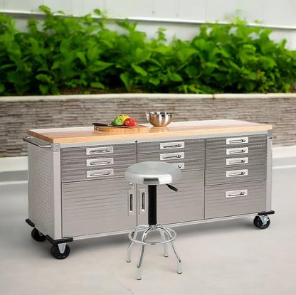 Heavy-Duty Rolling Workbench with Drawers and Cabinet, 77" W x 20" D x 37.5" H, (Granite, 11 Drawer) - WoodArtSupply