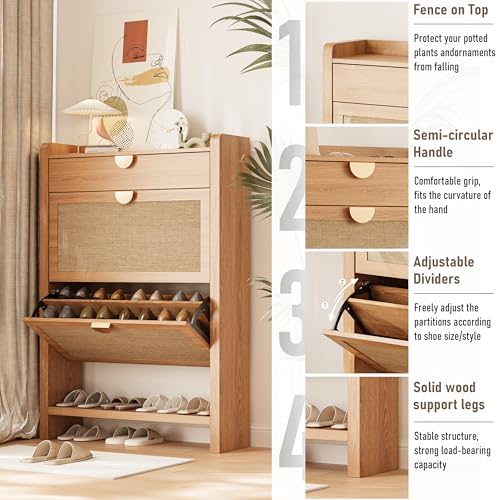 INNOD Rattan Shoe Storage Cabinet, Shoe Organizer with 2 Flip Drawers, Narrow Shoe Cabinet, Free Standing Hidden Shoe Storage, Shoe Rack for Entryway/Hallway/Closet, Natural Oak INNOD