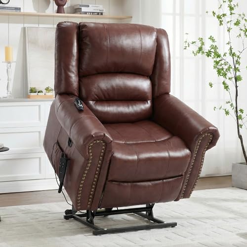 EZZUP Genuine Leather Power Lift Recliner Chair, Lazy Boy Recliner Chair with Charging Ports for Living Room Theater Seating, Electric Single Sofa with Round Armrest, Red