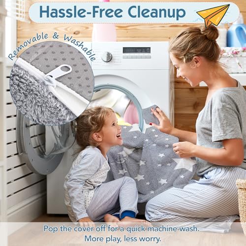 Foldable Floor Mattress with Pillow for Kids, Glow in The Dark Grey Star Toddler Washable Folding Floor Nap Mat for Daycare, Child Trifold Futon Sofa Bed with Storage Bag for Playroom Girls and Boys Givjoy