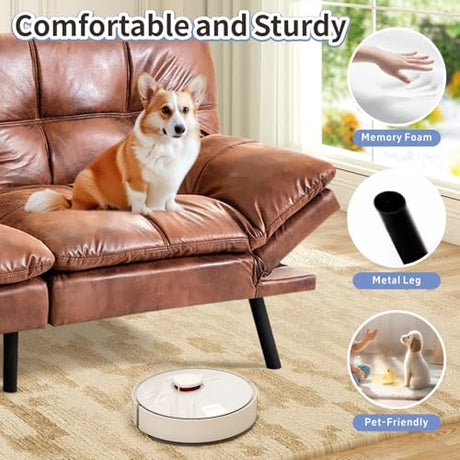 MUUEGM Brown Futon Sofa Bed Leather Memory Foam Modern Office Couch Sleeper Bed Convertible Love seat Sofa for Small Spaces,Apartment,Office with Adjustable Armrest Backrest MUUEGM