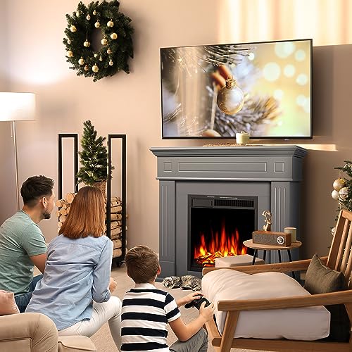 R.W.FLAME 43” Electric Fireplace Mantel Wooden Surround Firebox, TV Stand with Freestanding Electric Fireplace, Remote Control, Adjustable Led Flame, 750W/1500W Grey R.W.FLAME