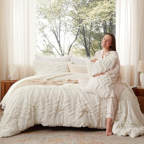 Luxudecor Boho Tufted Comforter Set Queen Size 3 Pieces Ivory White Shabby Chic Comforter Farmhouse Embroidery Bedding Set Soft Comforter for All Seasons (Ivory White, 90''x90'') Luxudecor