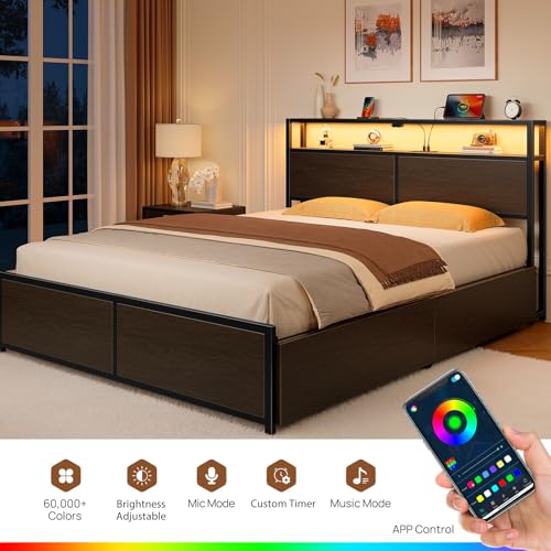 Rolanstar Queen Bed Frame with 4 Storage Drawers, Charging Station and LED Lights, Metal Platform Bed with 2-Tier Storage Headboard, No Box Spring Needed, Easy Assembly, Noise-Free, Black Rolanstar