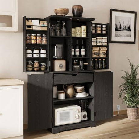 71" Tall Fluted Kitchen Pantry Cabinet, Modern Fluted Pantry Cabinet with Doors, Kitchen Pantrys Storage Cabinets with Drawer and Adjustable Shelves Doors for Dining Room, Living Room, Bathroom Black Generic