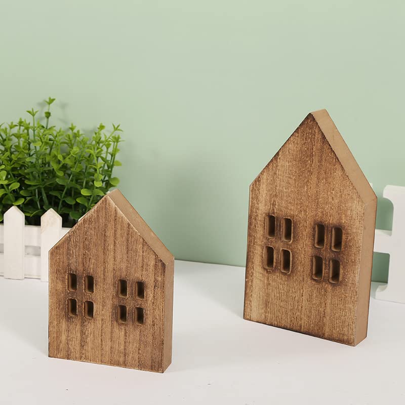 iMagitek 2 Pack Block Farmhouse Home Wooden Sign House Shaped Wooden Sign Tiered Tray Decor for Home Room Table (Brown) iMagitek