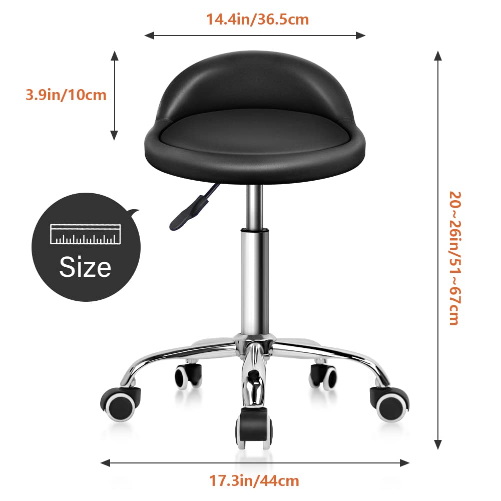 KKTONER PU Leather Round Rolling Stool with Back Rest Height Adjustable Swivel Drafting Work SPA Task Chair with Wheels Black KKTONER