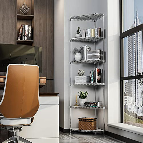 6-Tier NSF Metal Corner Shelf Wire Shelving Unit - 600lbs Capacity, Adjustable, with leveling feet & Shelf Liners - Ideal for Garage, Kitchen - 20" L x 20" D x 72" H - Pentagonal-Shape - Chrome pouseayar