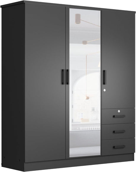 Jumbo 61" Wardrobe Large Mirror Door Closet 3 Doors and 3 Drawers Built for Storage Woodpeckers Furniture And Mattress