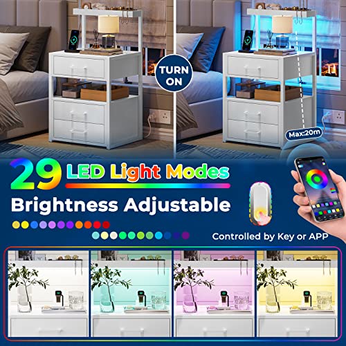 Nightstand with Charging Station and LED Lights, LED Night Stand with 2 USB Ports and 2 AC Outlets, Modern End Table with 3 Drawers, Bedside Table with Open Storage for Bedroom, White AOGLLATI