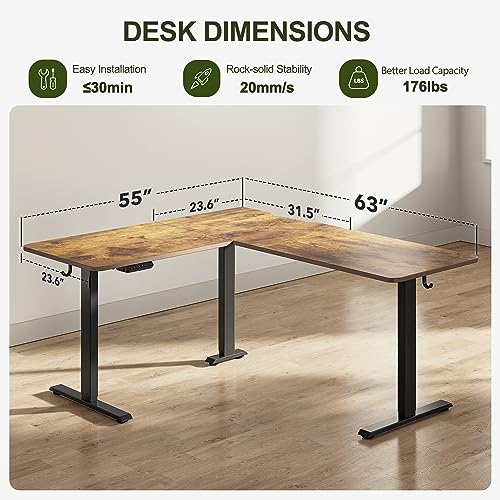BANTI L-Shaped Standing Desk - 63 x 55 Inch Adjustable Corner Standing Desk with Charging Station - L Shape Sit Stand Table with Memory Controller, Splice Board for Home Office, Rustic Brown BANTI