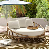 ZEW Rattan Bamboo Round Daybed Outdoor Sofa Chair with Cushion and Pillows for Backyard, Porch, Swimming Pool, Living Room Statra