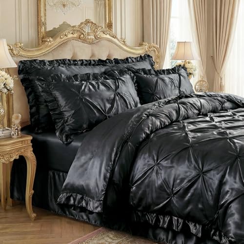 Bedbay Black Satin Comforter Queen Pinch Pleat Bedding Silk Like Satin Ruffled Duvet Set 4 Pcs with Black Ruffle Silky Body Pillow Cover Aesthetic Room Decor Luxury Satin Bedding Set for All Season Bedbay