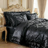 Bedbay Black Satin Comforter Queen Pinch Pleat Bedding Silk Like Satin Ruffled Duvet Set 4 Pcs with Black Ruffle Silky Body Pillow Cover Aesthetic Room Decor Luxury Satin Bedding Set for All Season Bedbay