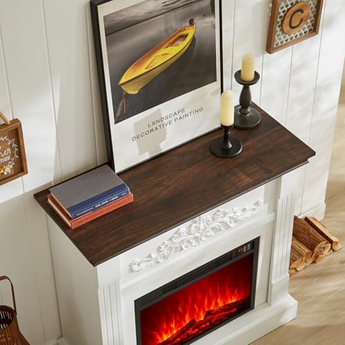 SOOWERY Electric Fireplace with Mantel, Fireplace TV Stand with Replaceable Fireplace Insert, Farmhouse Entertainment Center with Fireplace Heater for Living Room, White & Brown SOOWERY